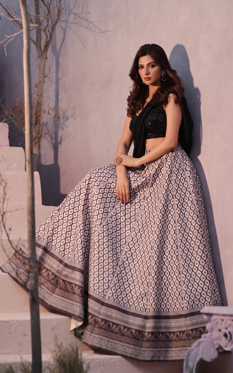 Black Sequins Banarsi Lehenga Set (3-Piece) - Image 1