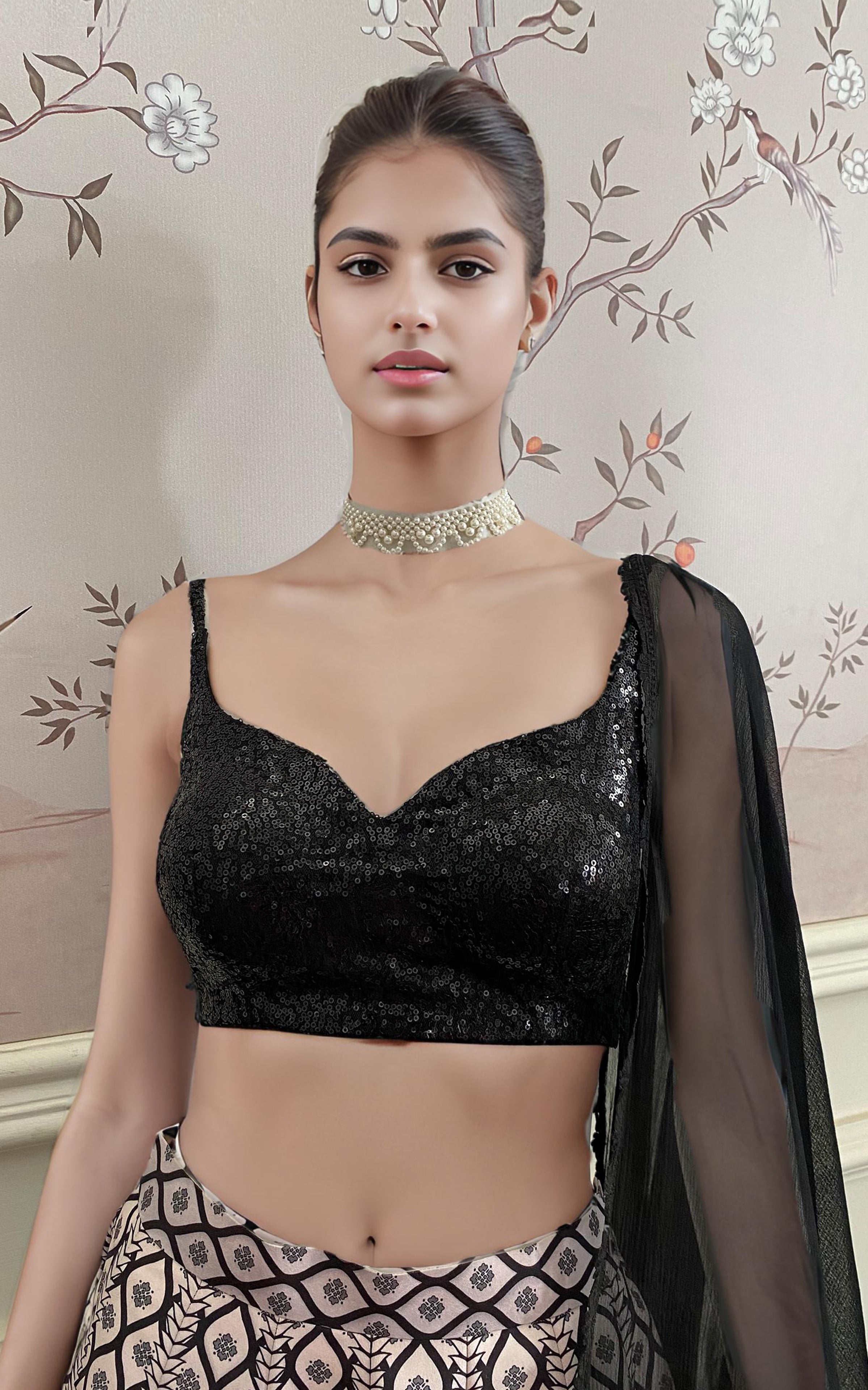 Black Sequins Banarsi Lehenga Set (3-Piece) - Image 3