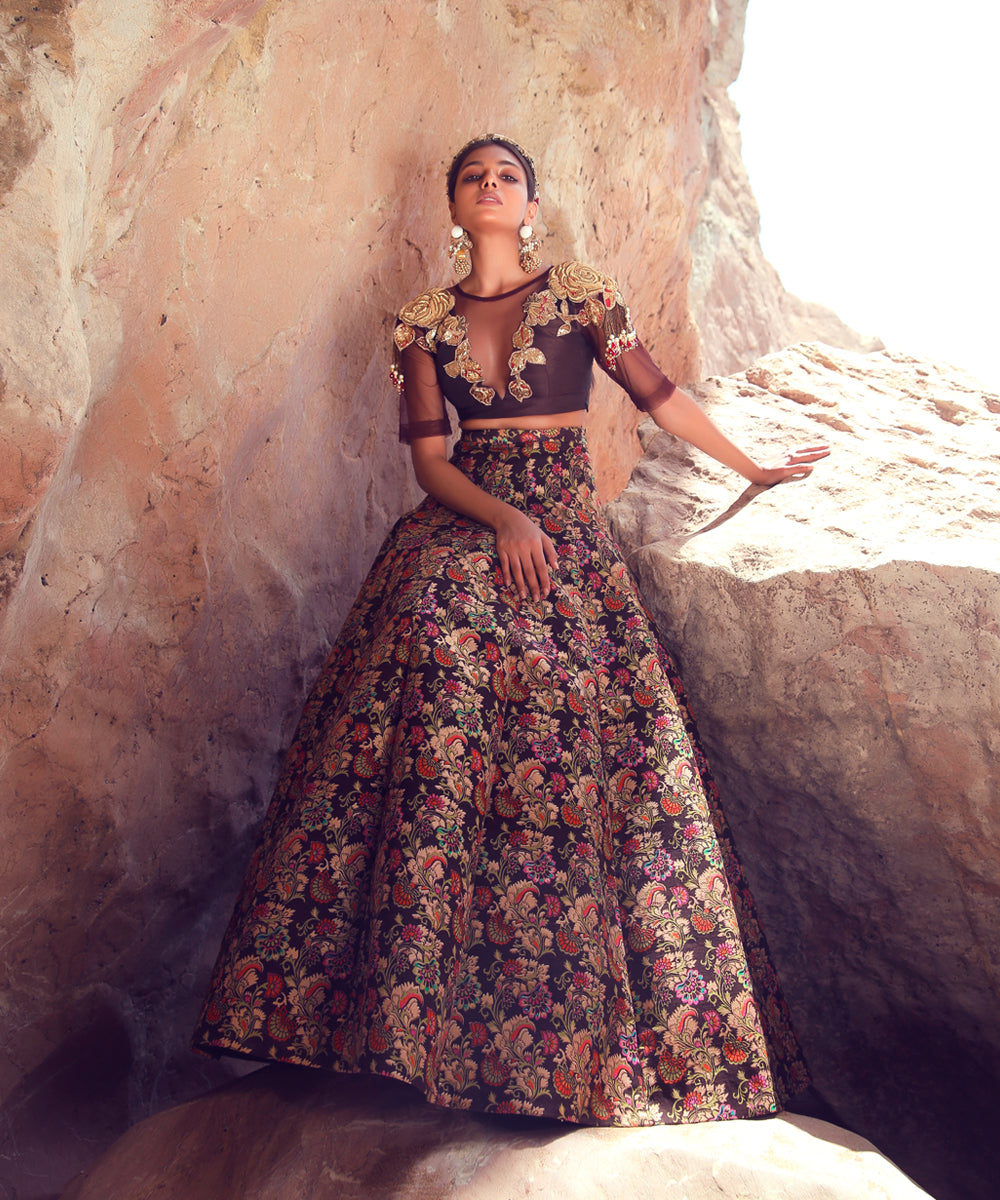 Black Multicolour Brocade Lehenga with Gold Appliqué (2-Piece) - Image 1
