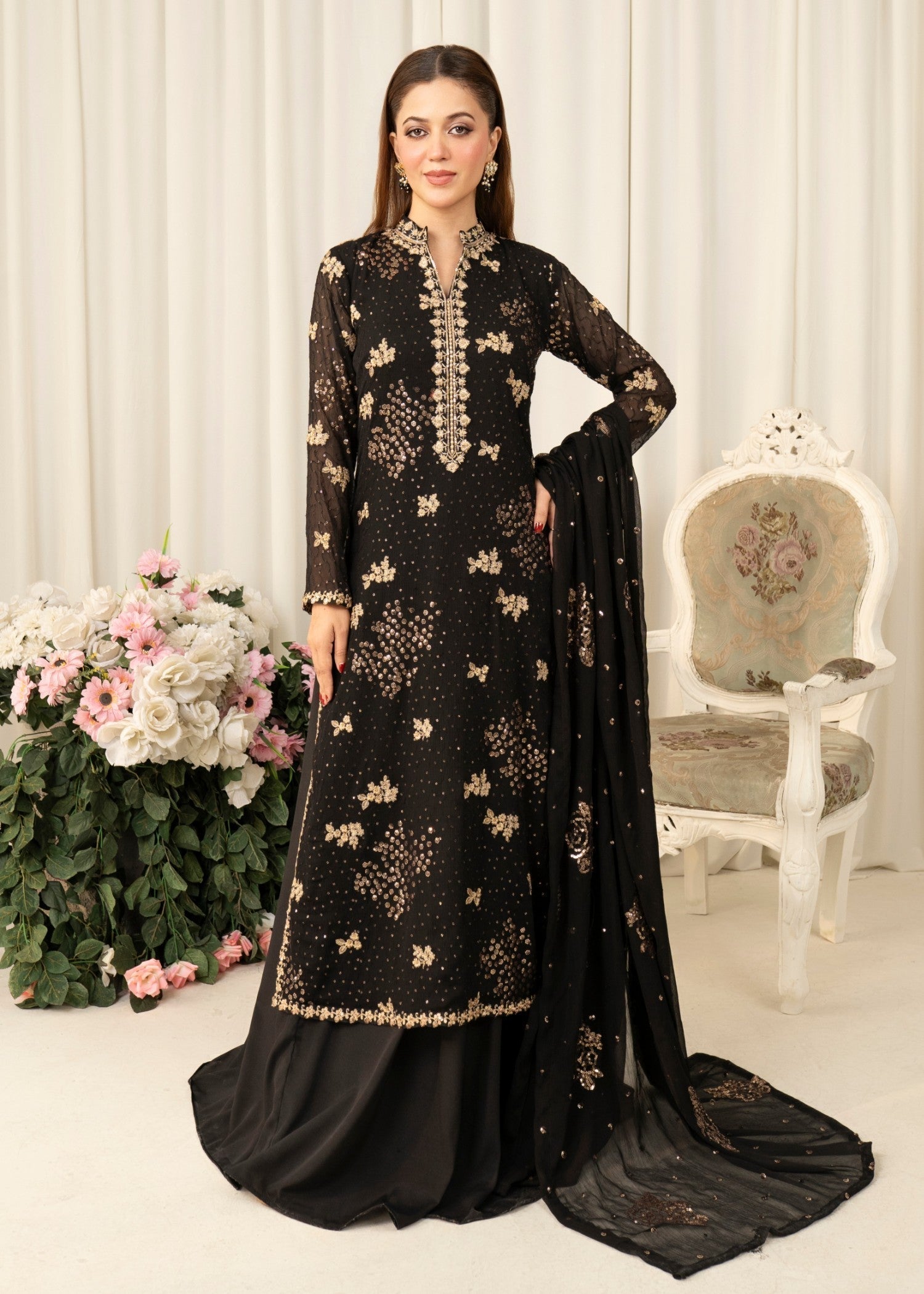 Pakistani Black Embroidered Chiffon Lehenga Set (3-Piece) - Image 1