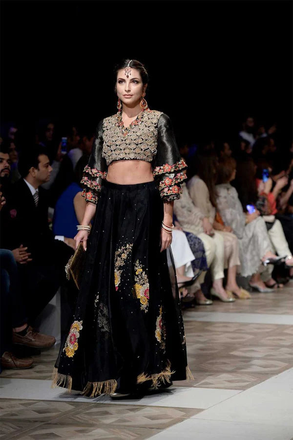 Pakistani Black Embroidered Lehenga with Gold Blouse (2-Piece) - Image 1