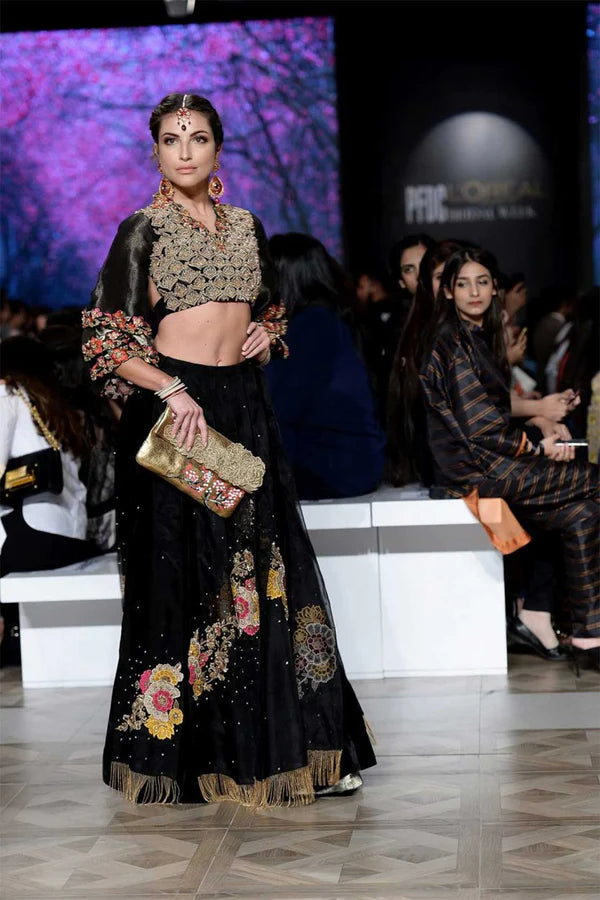 Pakistani Black Embroidered Lehenga with Gold Blouse (2-Piece) - Image 2