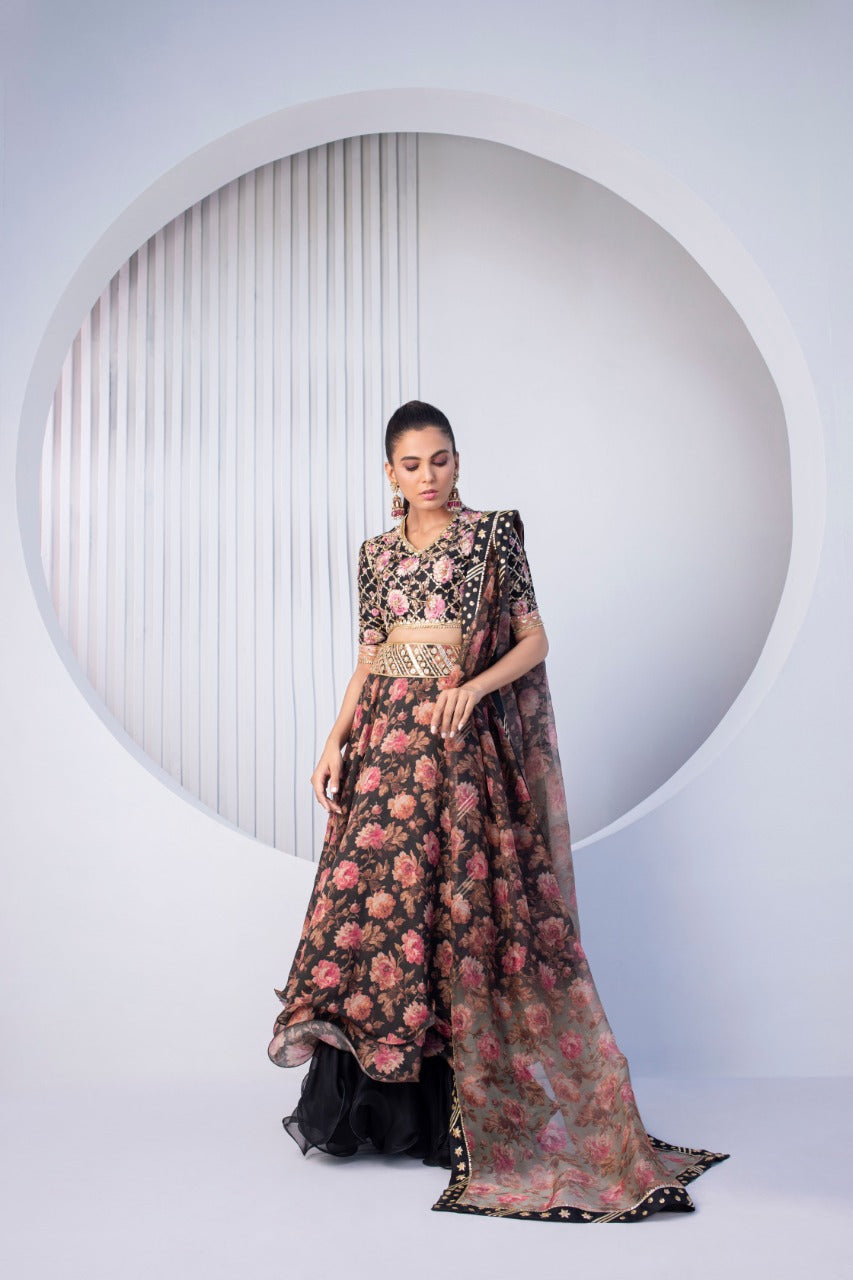 Pakistani Black Floral Embroidered Khaddi Silk Lehenga Choli (3-Piece) - Image 1