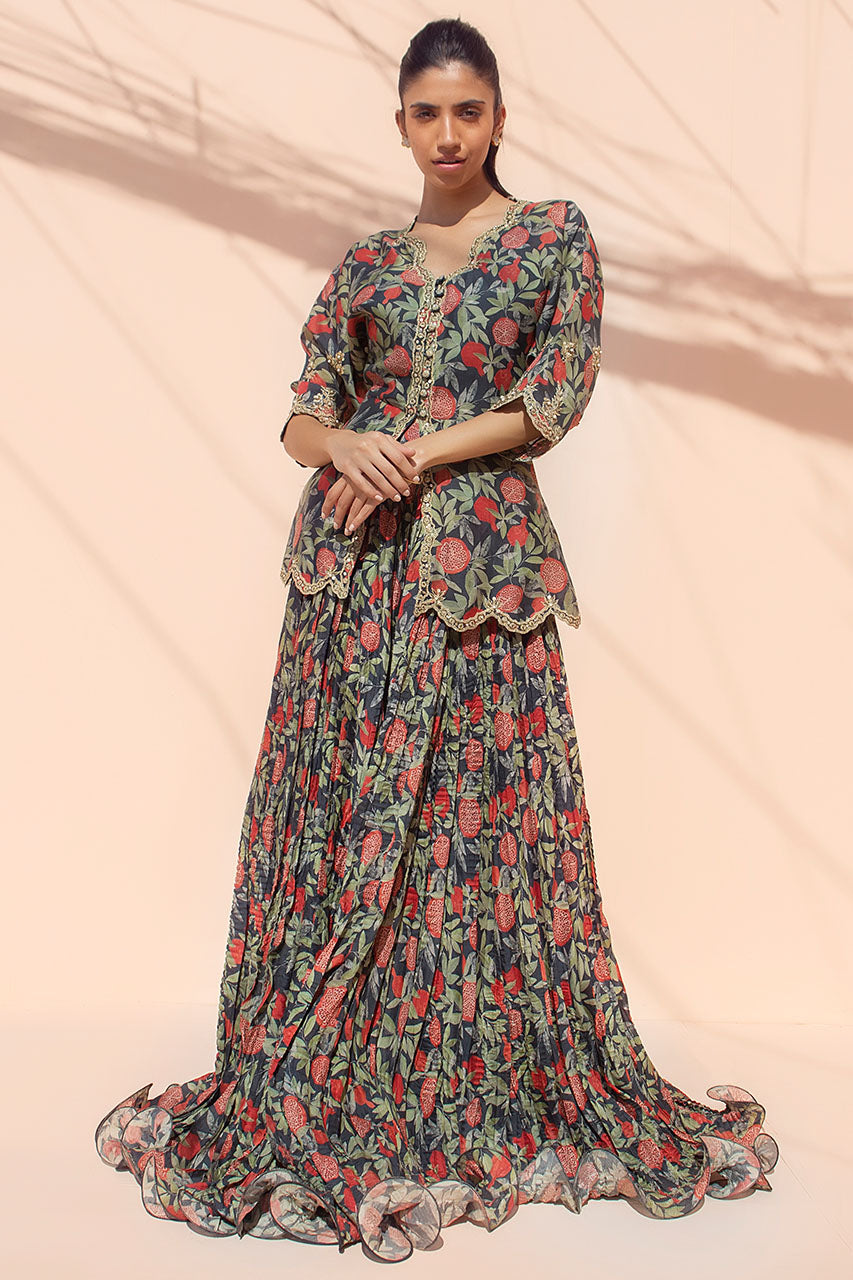 Black Maroori Work Khaddi Silk Peplum Lehenga (2-Piece) - Image 1