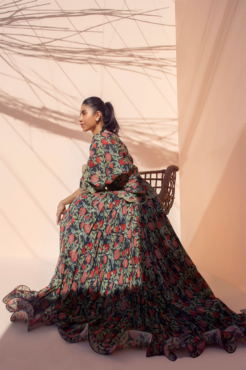 Black Maroori Work Khaddi Silk Peplum Lehenga (2-Piece) - Image 2