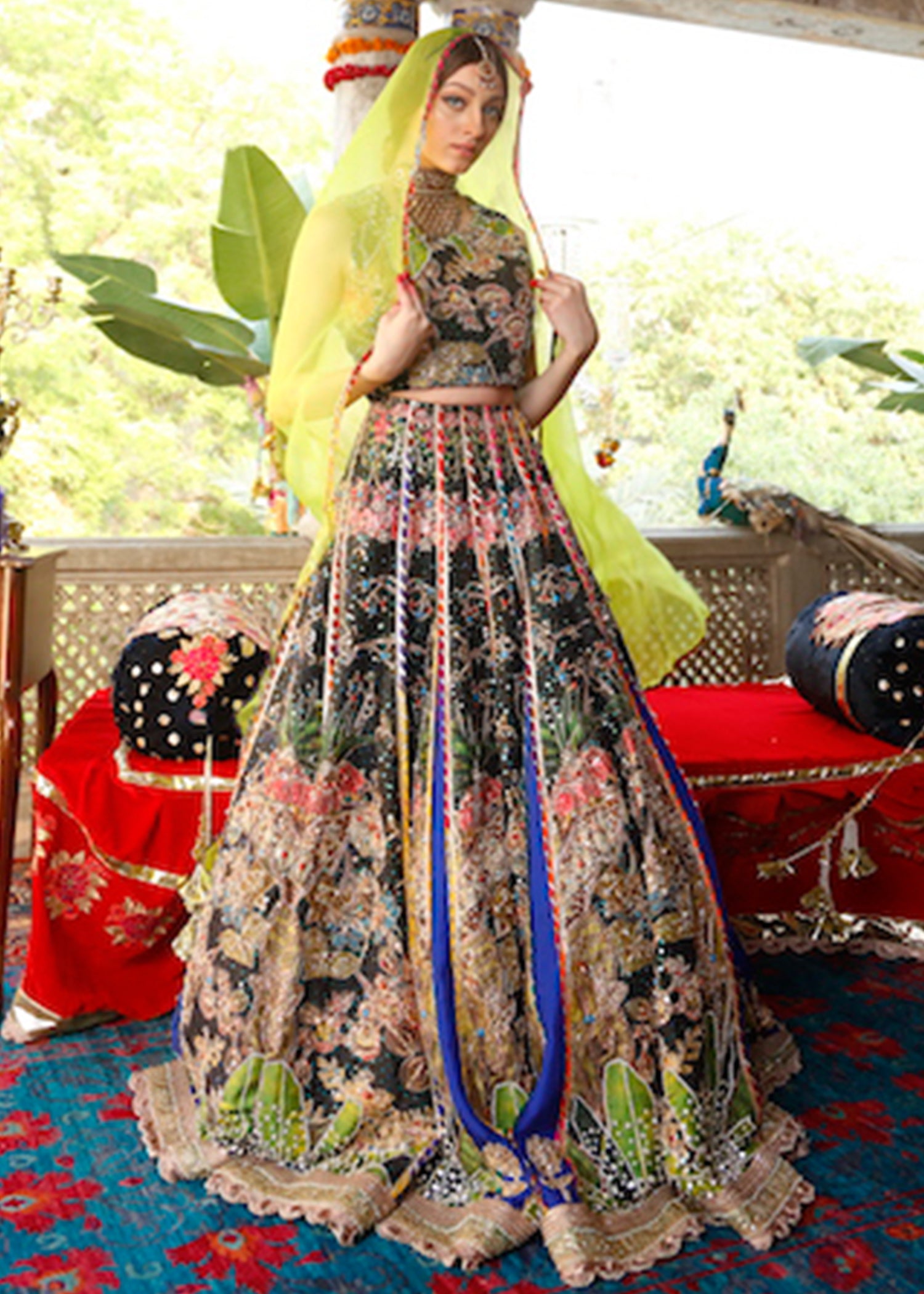 Black Multicolour Embroidered Net Lehenga Choli (3-Piece) - Image 3