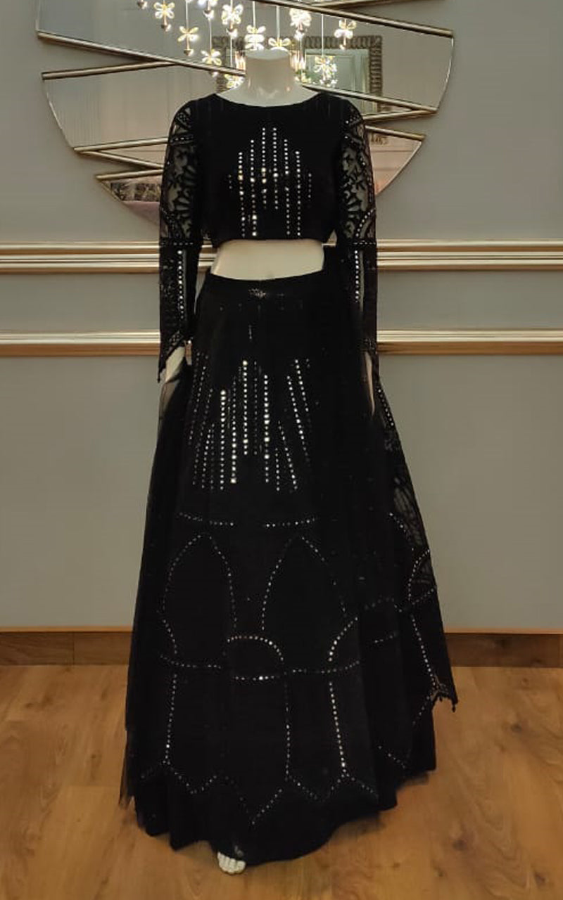 Pakistani Black Mirrorwork Organza Lehenga Set (2-Piece) - Image 1