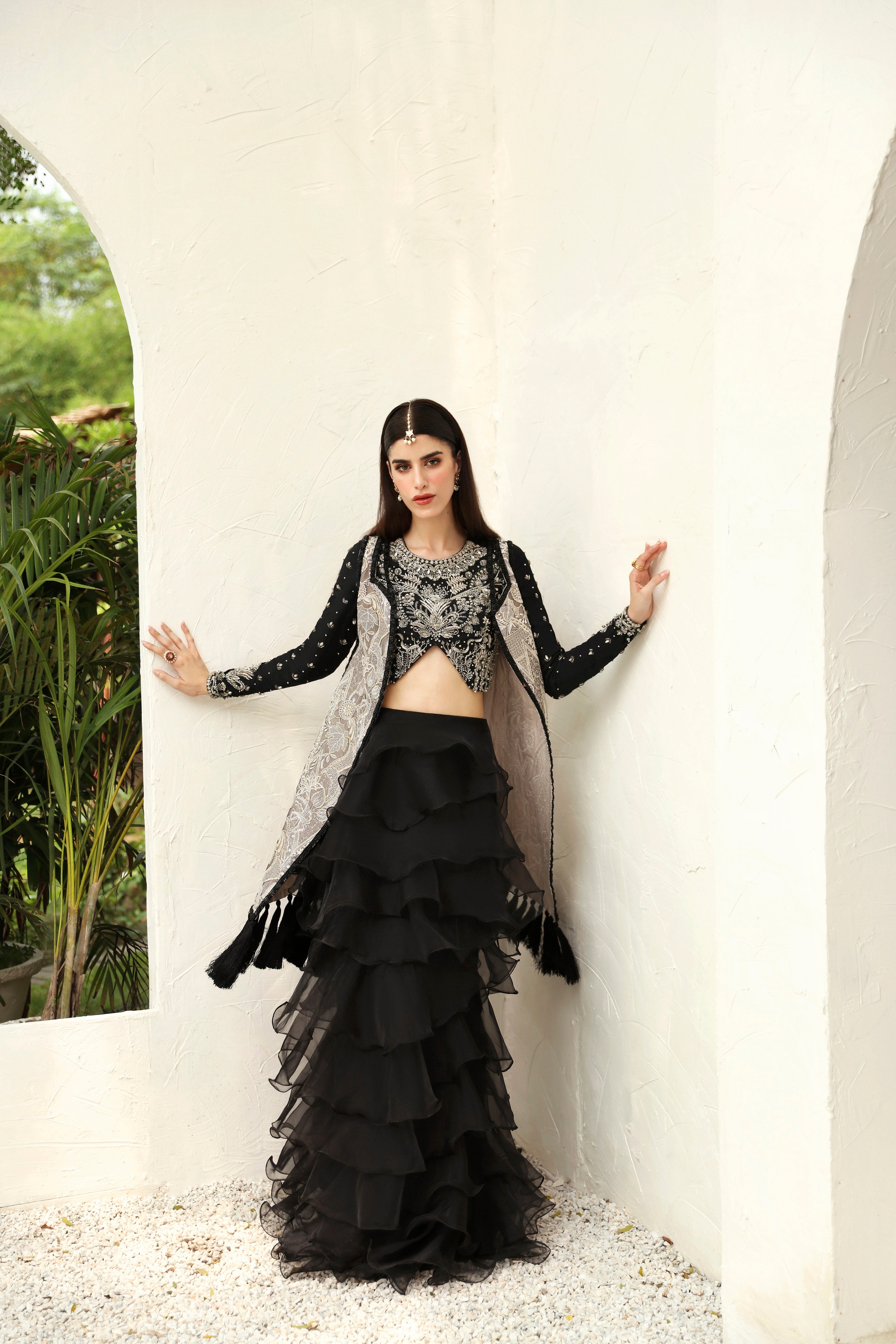 Pakistani Black Embellished Organza Lehenga Set (3-Piece) - Image 3