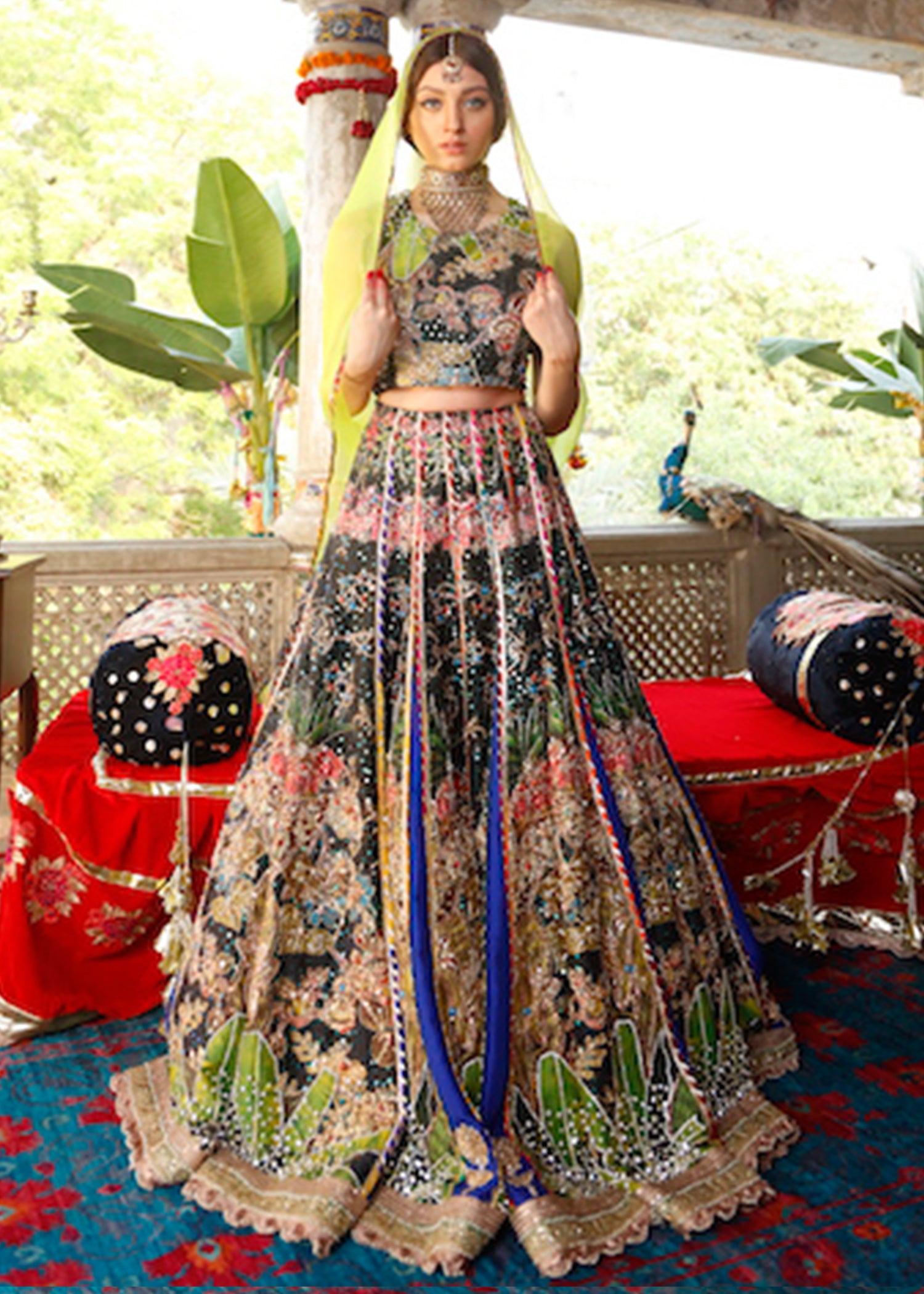 Pakistani Black Multi-Hued Embroidered Net Lehenga Choli (3-Piece) - Image 1
