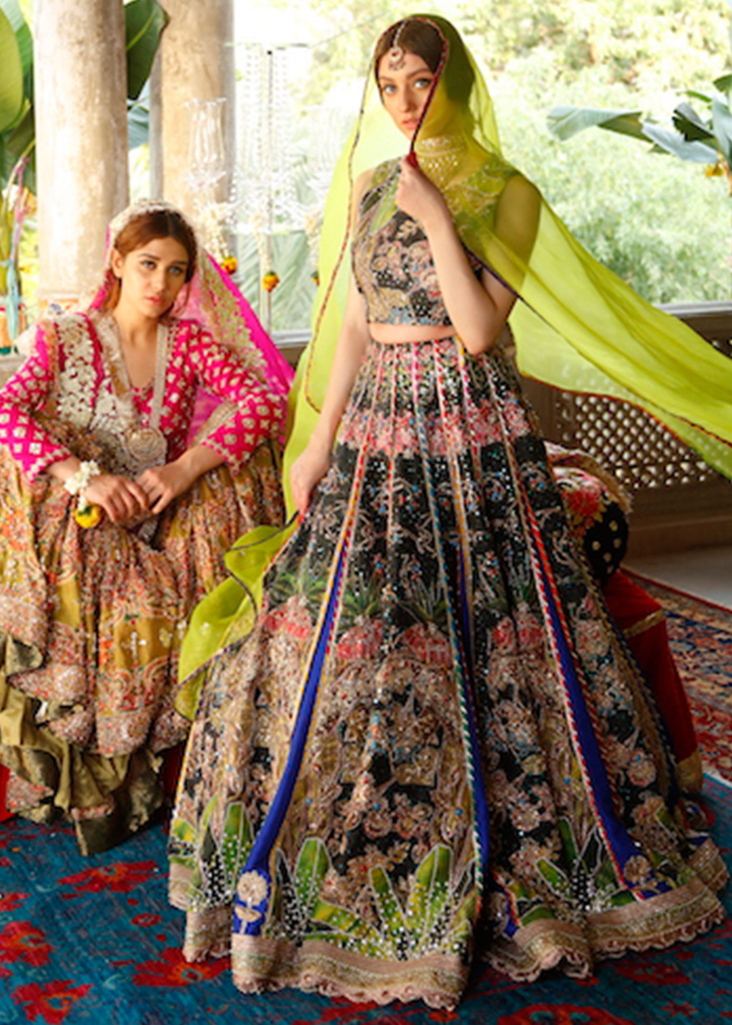 Pakistani Black Multi-Hued Embroidered Net Lehenga Choli (3-Piece) - Image 2