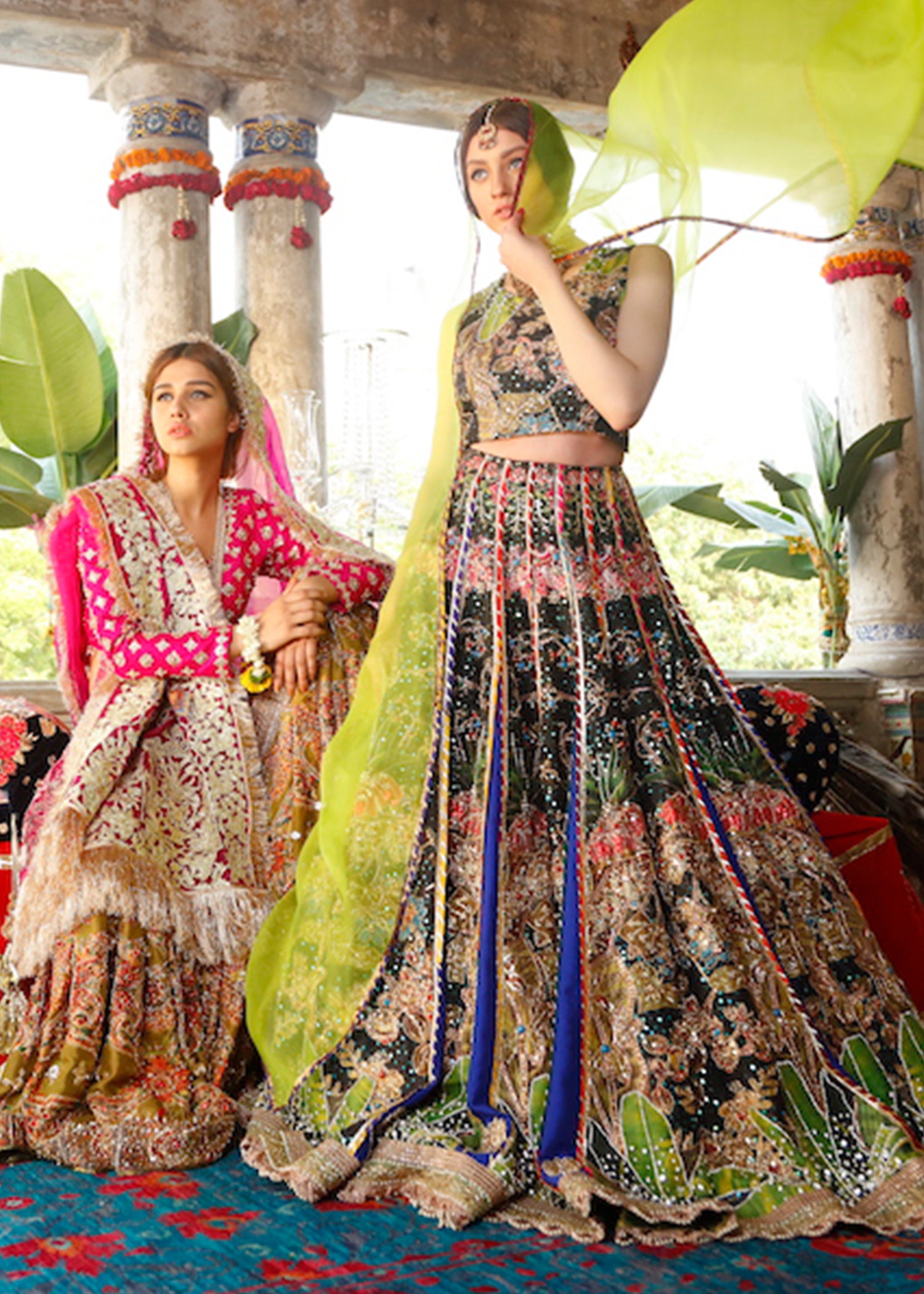 Pakistani Black Multi-Hued Embroidered Net Lehenga Choli (3-Piece) - Image 4