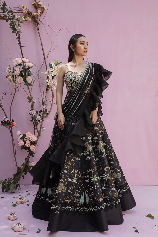 Pakistani Black Embroidered Raw Silk & Organza Lehenga (3-Piece) - Image 1