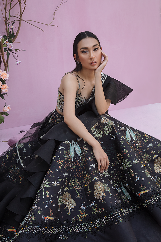 Pakistani Black Embroidered Raw Silk & Organza Lehenga (3-Piece) - Image 2