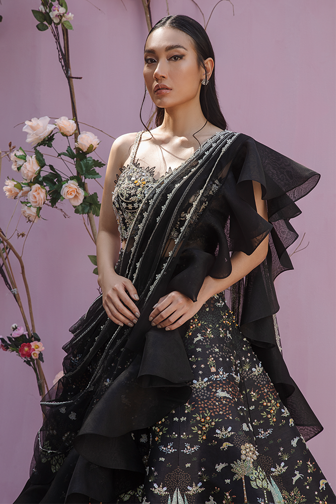 Pakistani Black Embroidered Raw Silk & Organza Lehenga (3-Piece) - Image 4