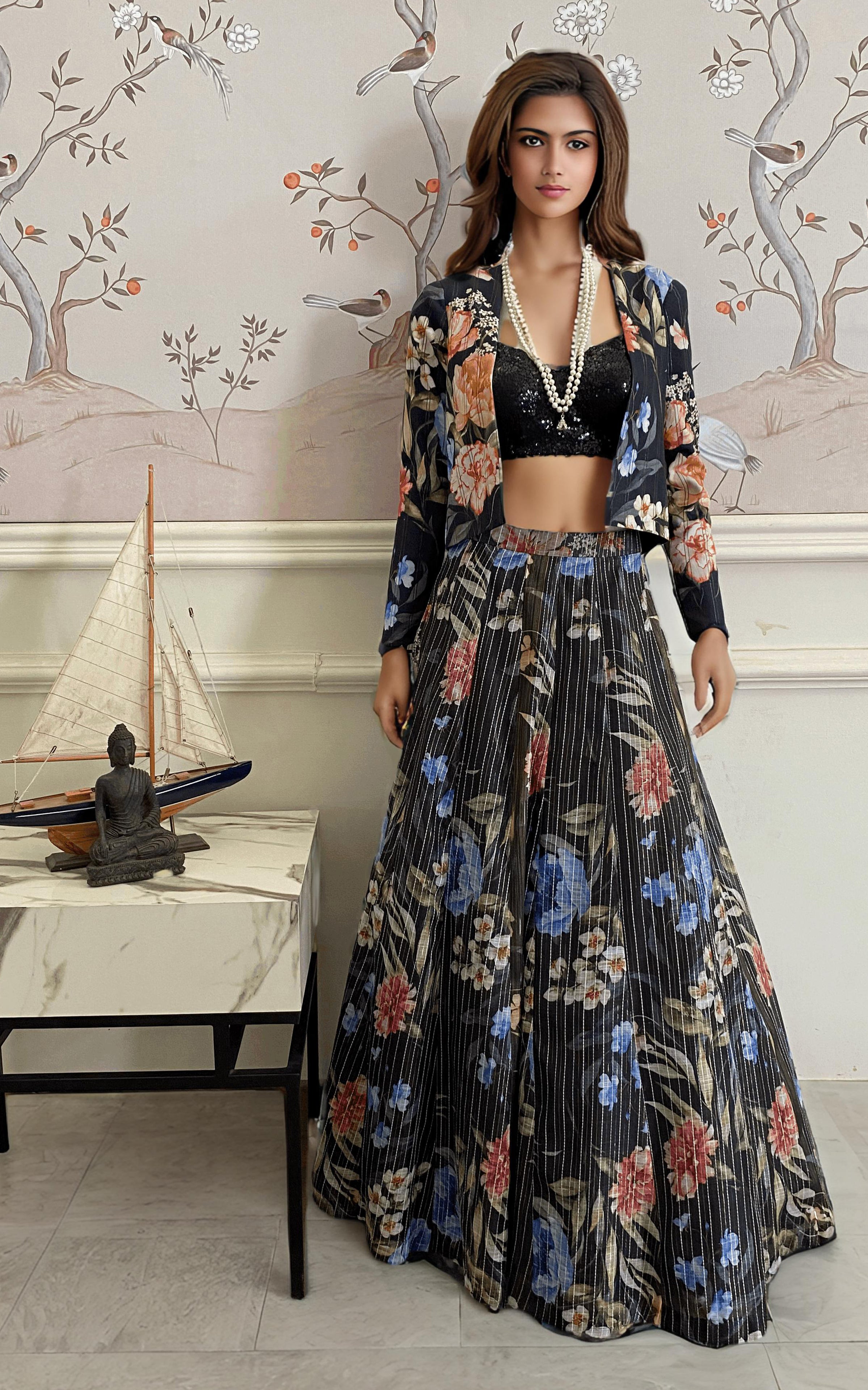 Black Sequin Floral Printed Lehenga (3-Piece) - Image 2