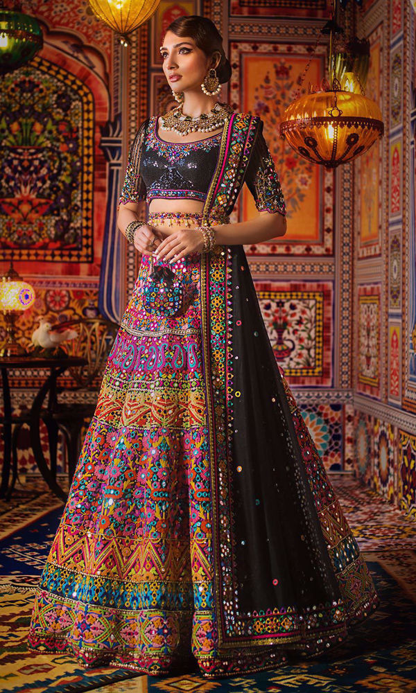 Pakistani Black Multi-Hued Embroidered Silk-Blend Lehenga Choli (3-Piece) - Image 2