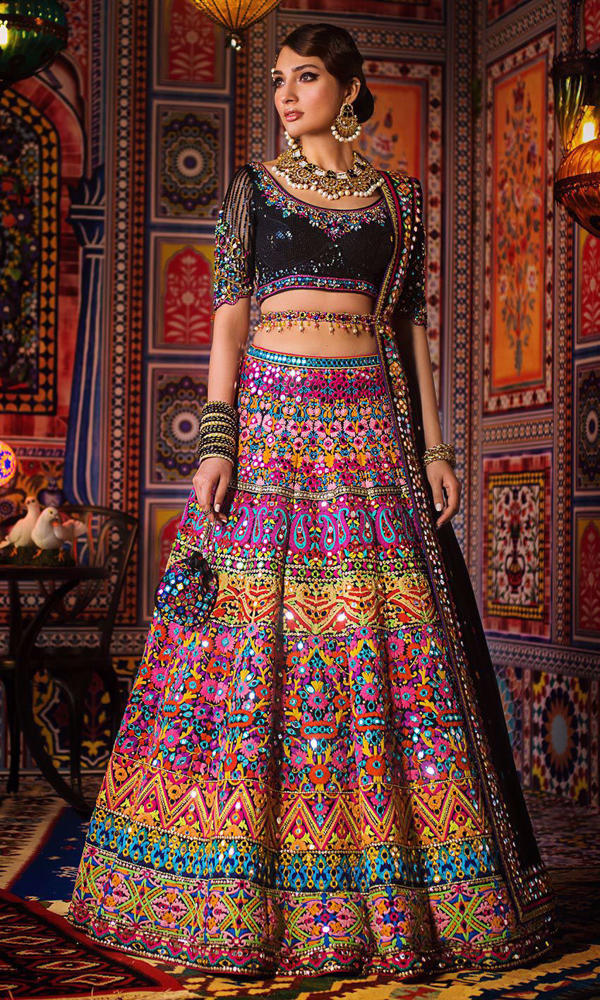 Pakistani Black Multi-Hued Embroidered Silk-Blend Lehenga Choli (3-Piece) - Image 3