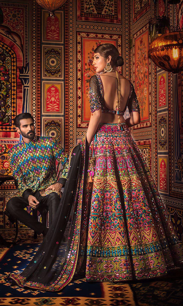 Pakistani Black Multi-Hued Embroidered Silk-Blend Lehenga Choli (3-Piece) - Image 4