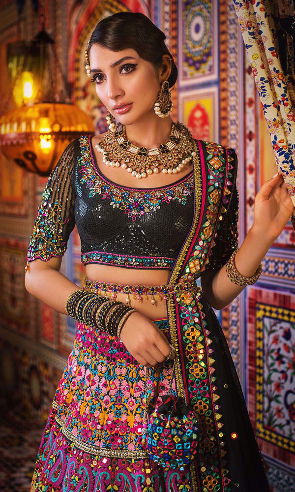 Pakistani Black Multi-Hued Embroidered Silk-Blend Lehenga Choli (3-Piece) - Image 5