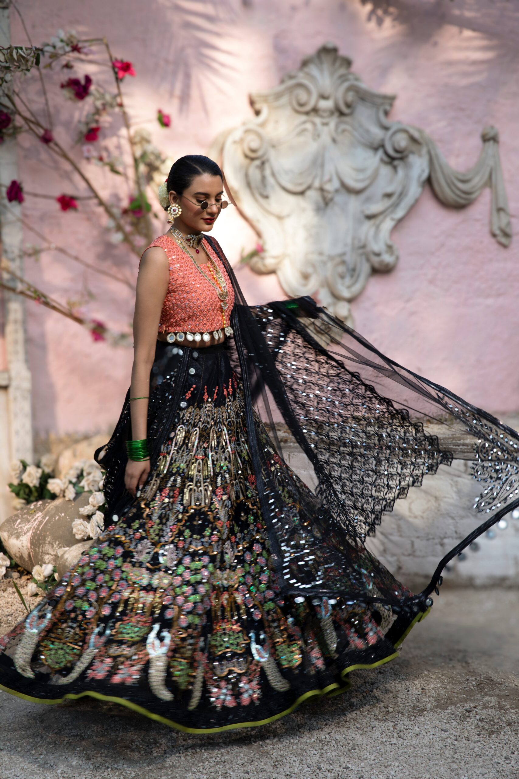 Pakistani Black Mirror-Embroidered Silk Blend Bridal Lehenga (3-Piece) - Image 1