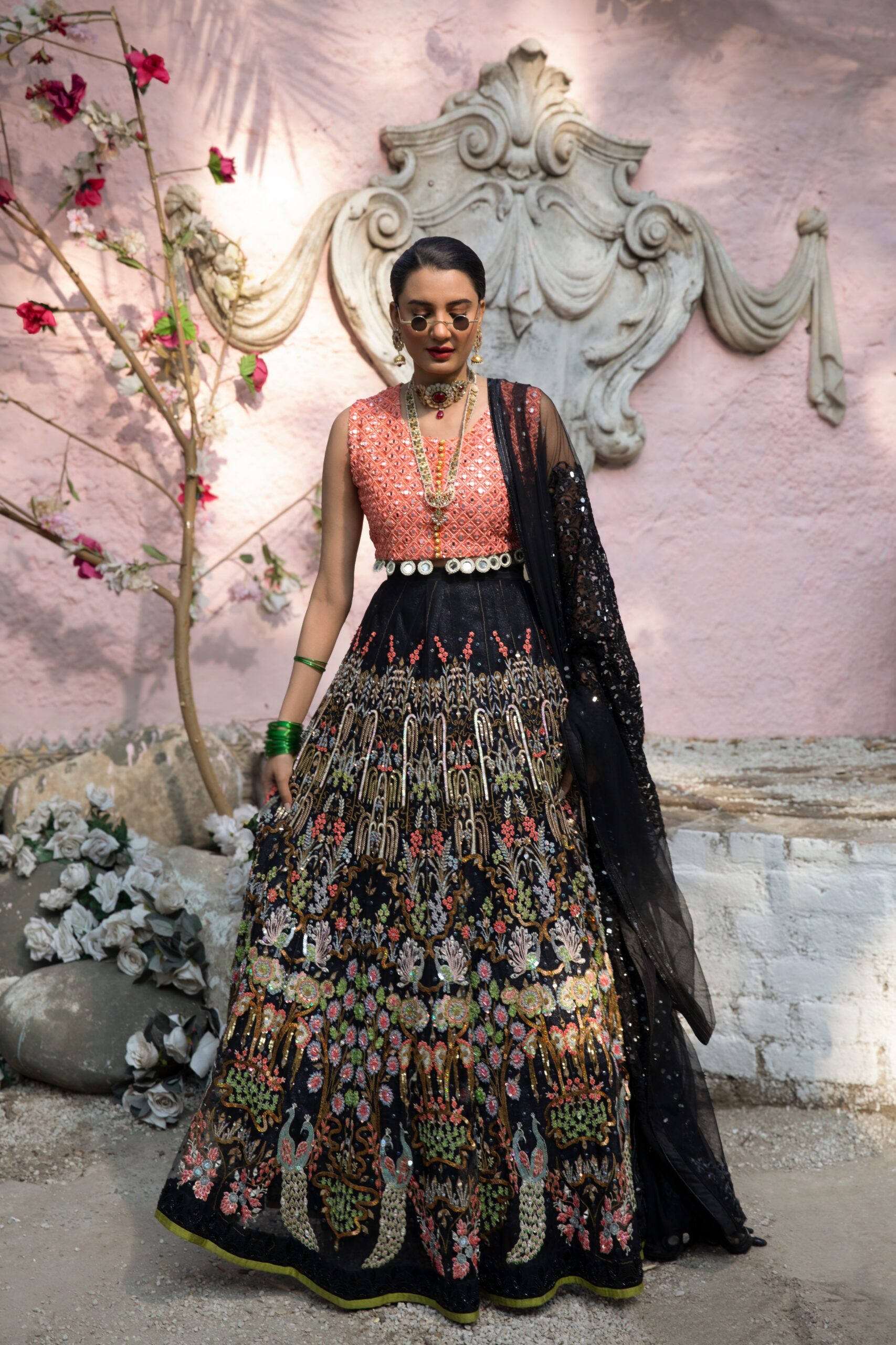 Pakistani Black Mirror-Embroidered Silk Blend Bridal Lehenga (3-Piece) - Image 2