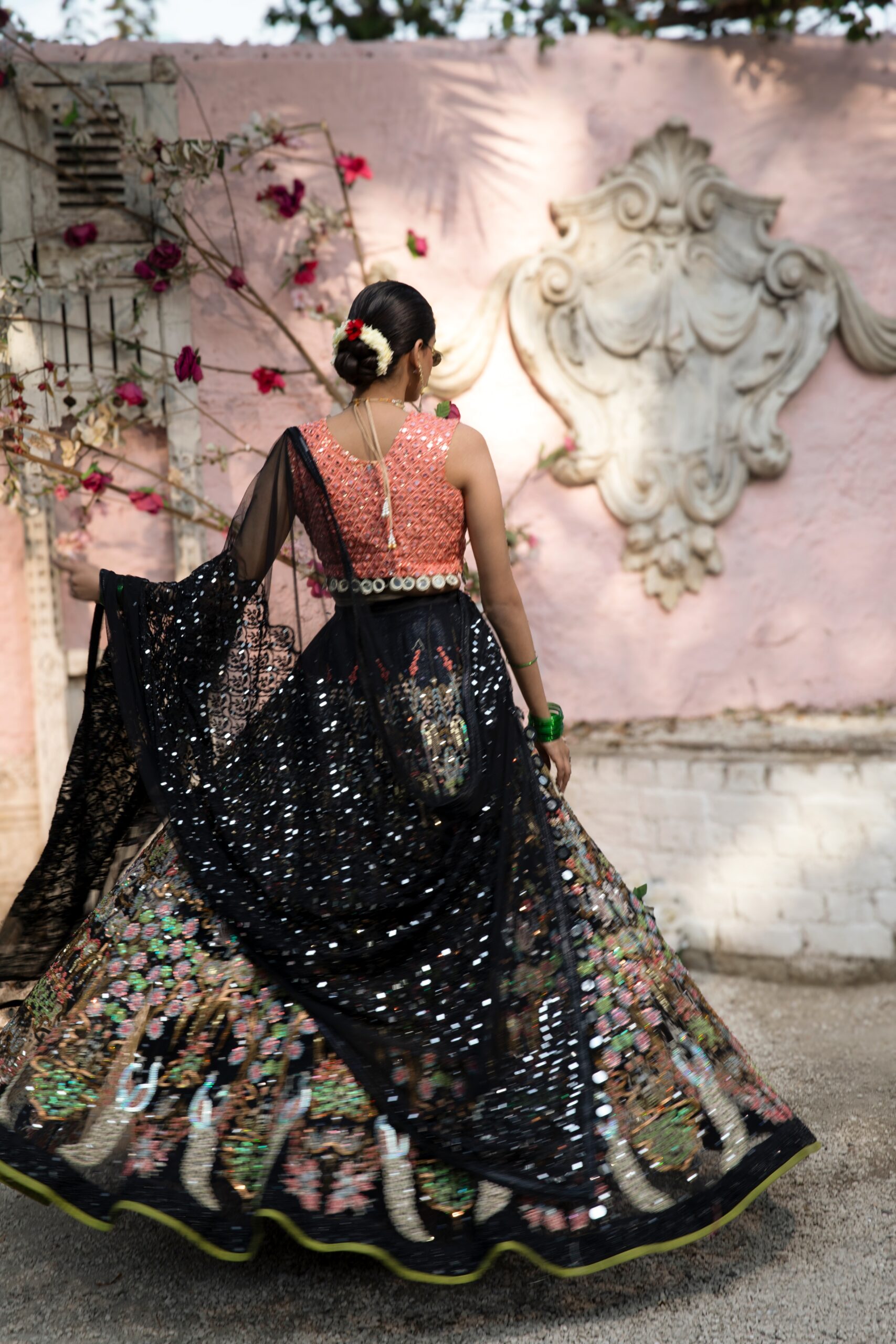 Pakistani Black Mirror-Embroidered Silk Blend Bridal Lehenga (3-Piece) - Image 3