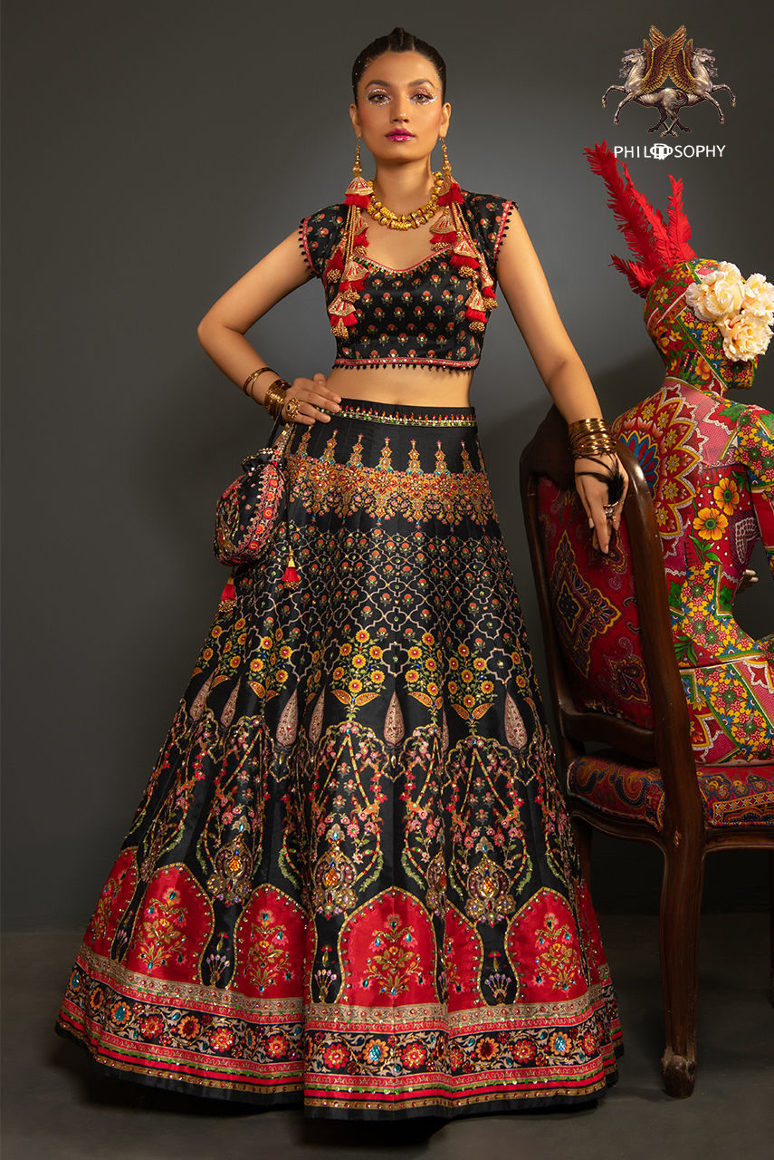 Black and Red Embroidered Silk-Blend Lehenga Choli (2-Piece) - Image 1