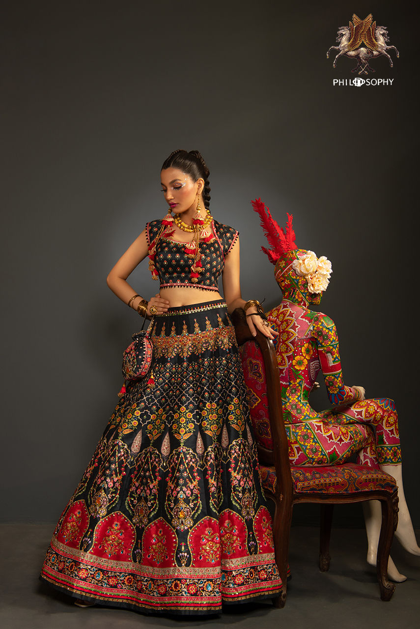 Black and Red Embroidered Silk-Blend Lehenga Choli (2-Piece) - Image 2