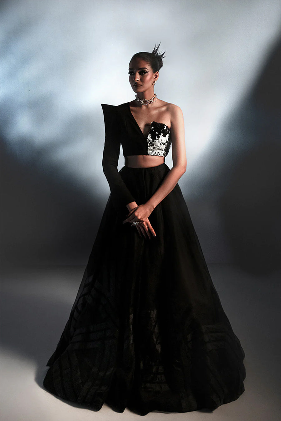 Pakistani Black Sequin Silk Organza Lehenga Set (2-Piece) - Image 1