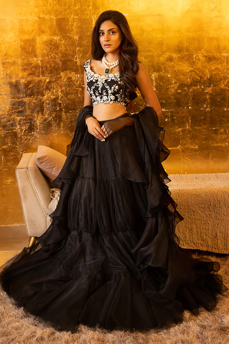Pakistani Black Embroidered Silk Choli with Ruffled Lehenga (2-Piece) - Image 1