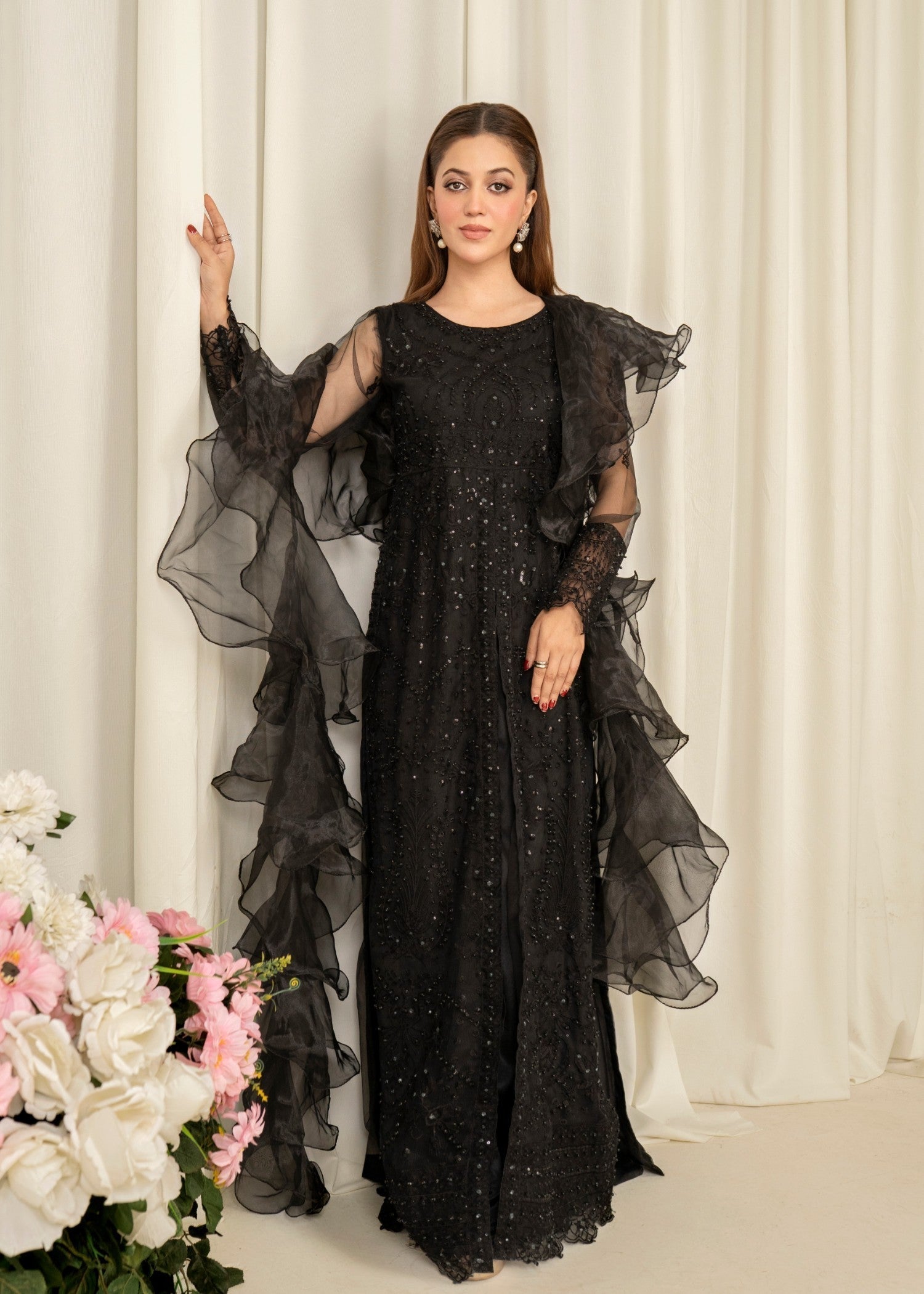 Pakistani Black Embroidered Net Maxi Dress (3-Piece) - Image 1