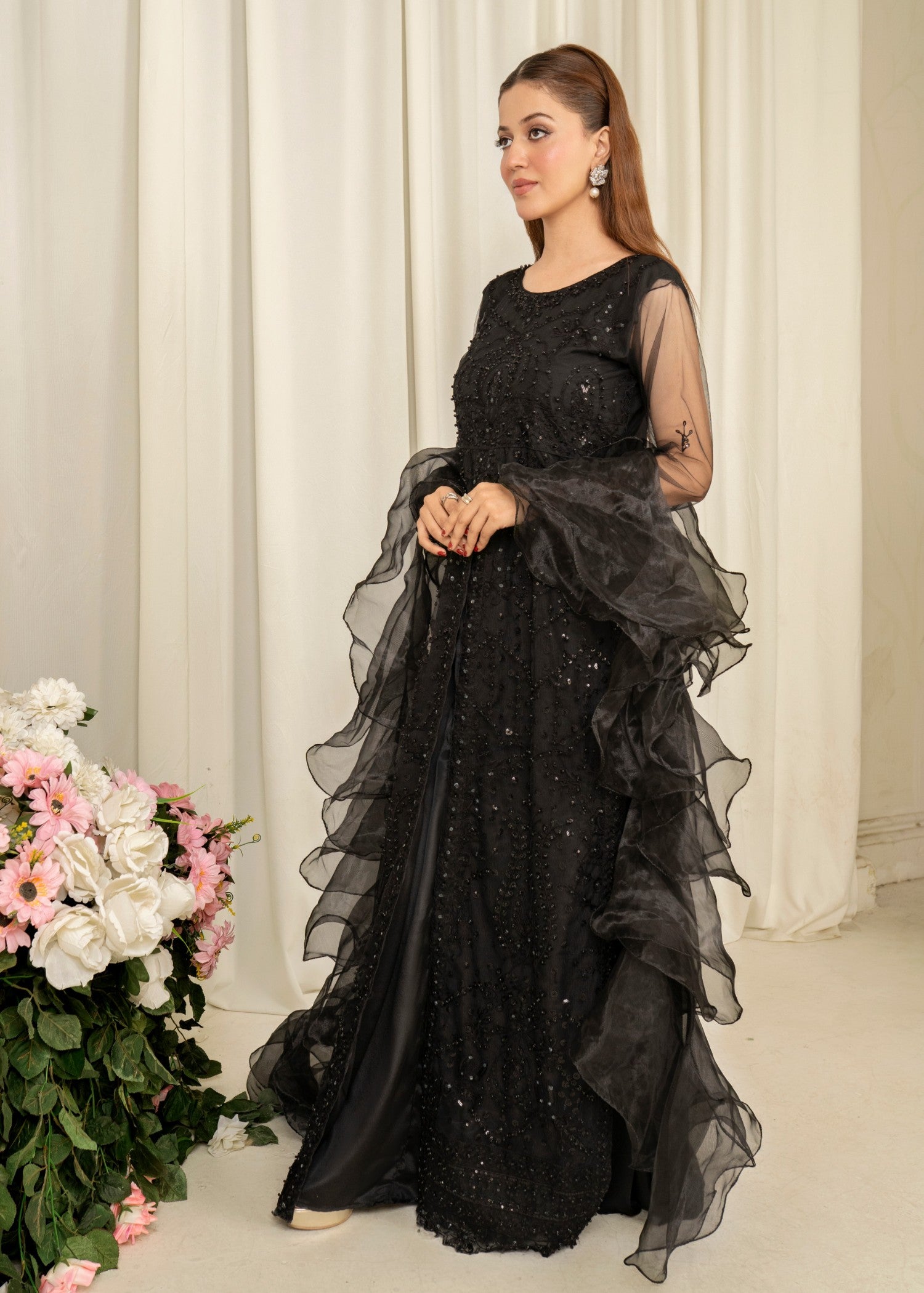 Pakistani Black Embroidered Net Maxi Dress (3-Piece) - Image 2