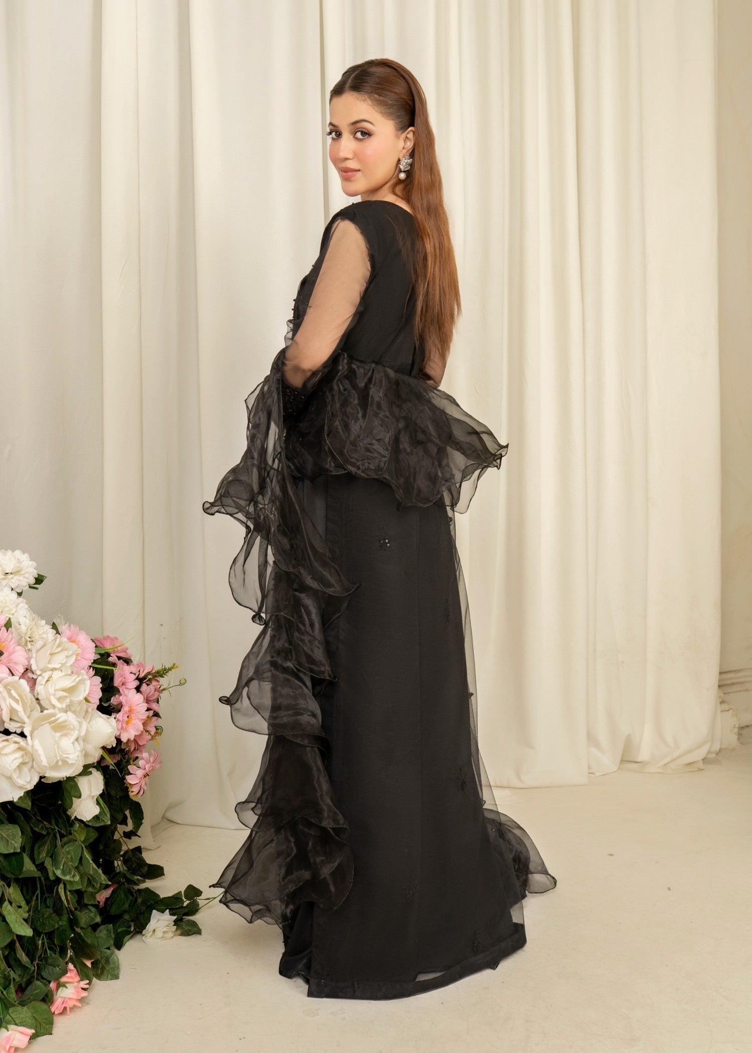 Pakistani Black Embroidered Net Maxi Dress (3-Piece) - Image 3