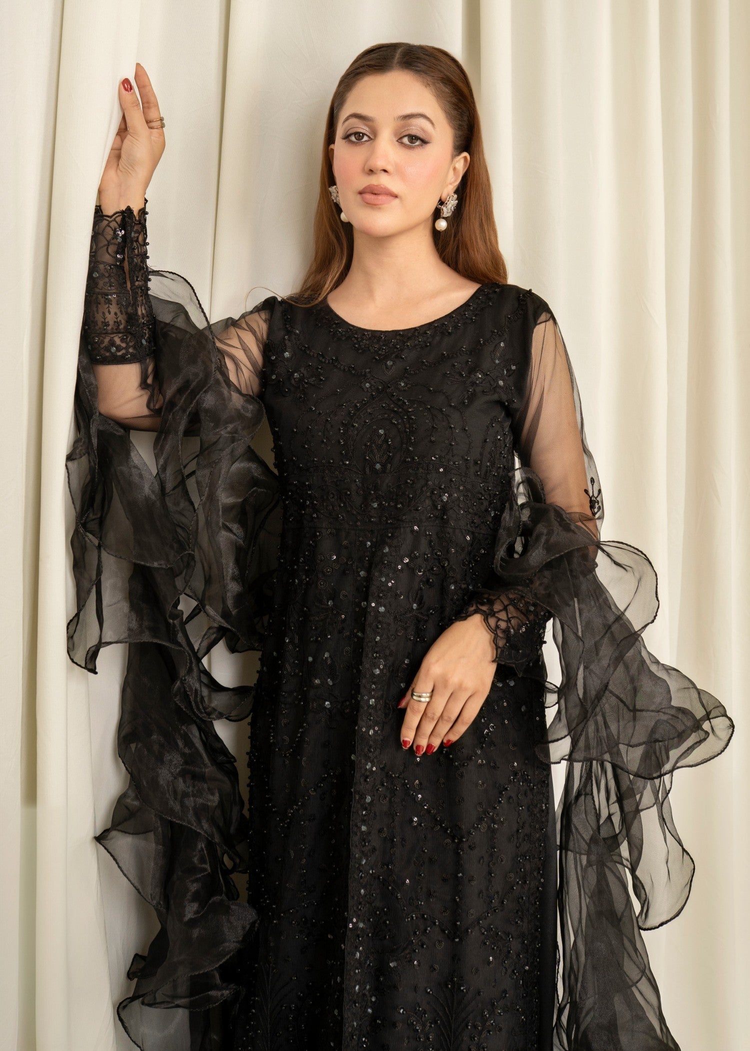 Pakistani Black Embroidered Net Maxi Dress (3-Piece) - Image 4