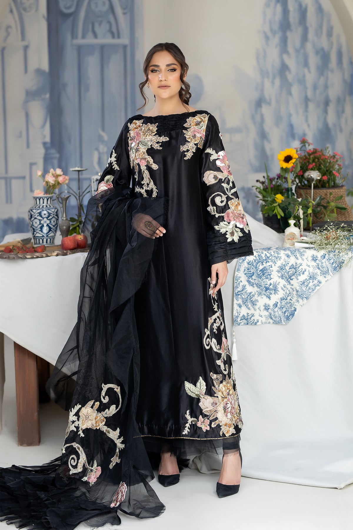 Black Hand-Embroidered Raw Silk Maxi Dress (2-Piece) - Image 1