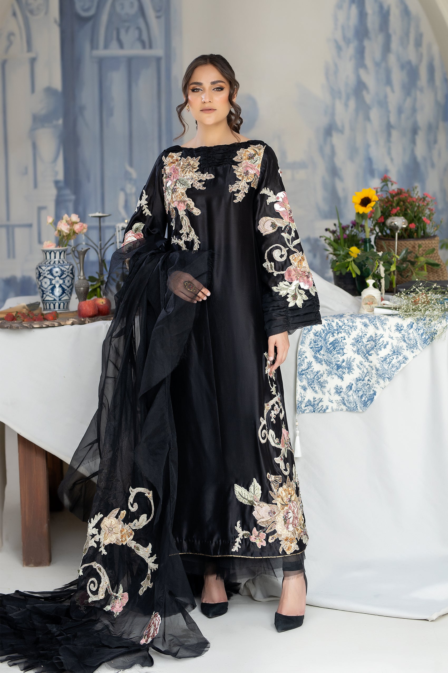 Black Hand-Embroidered Raw Silk Maxi Dress (2-Piece) - Image 2