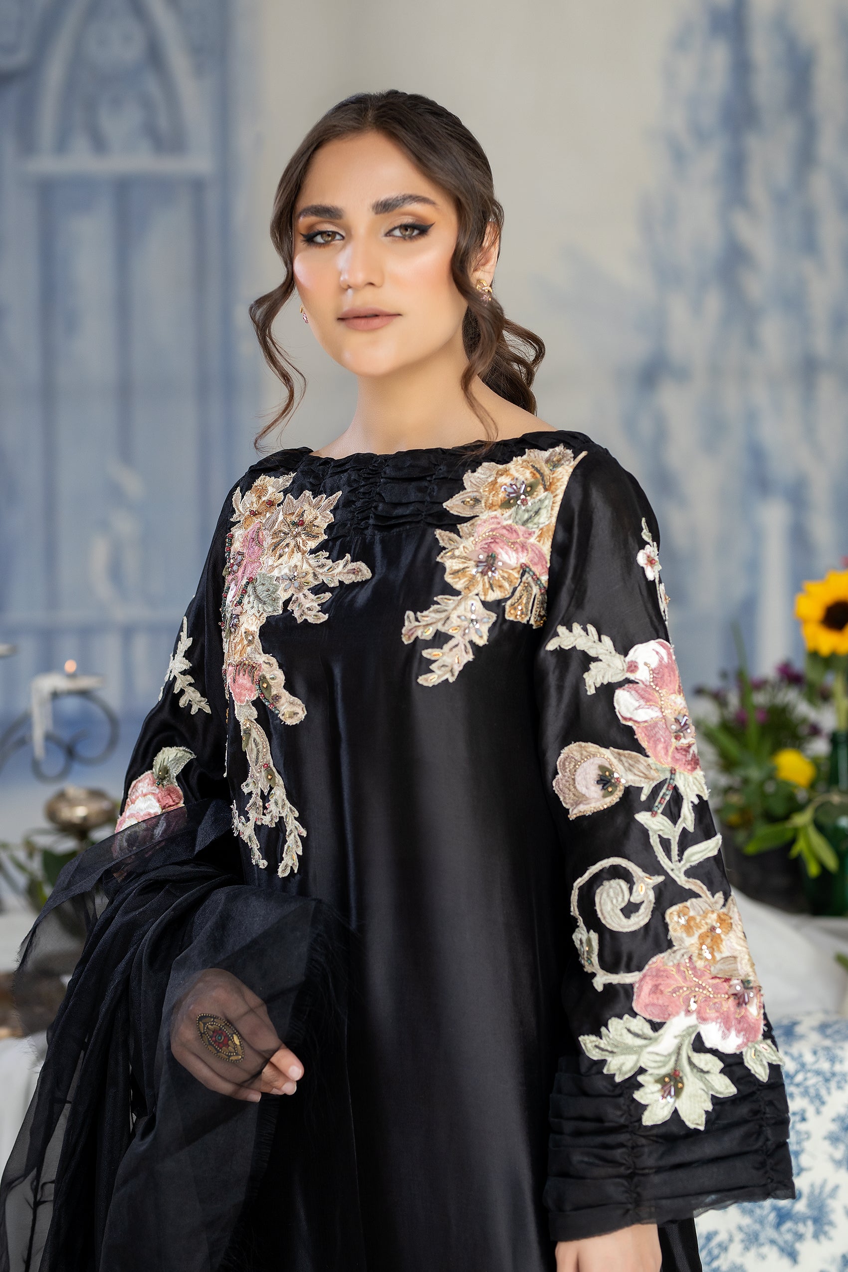 Black Hand-Embroidered Raw Silk Maxi Dress (2-Piece) - Image 3