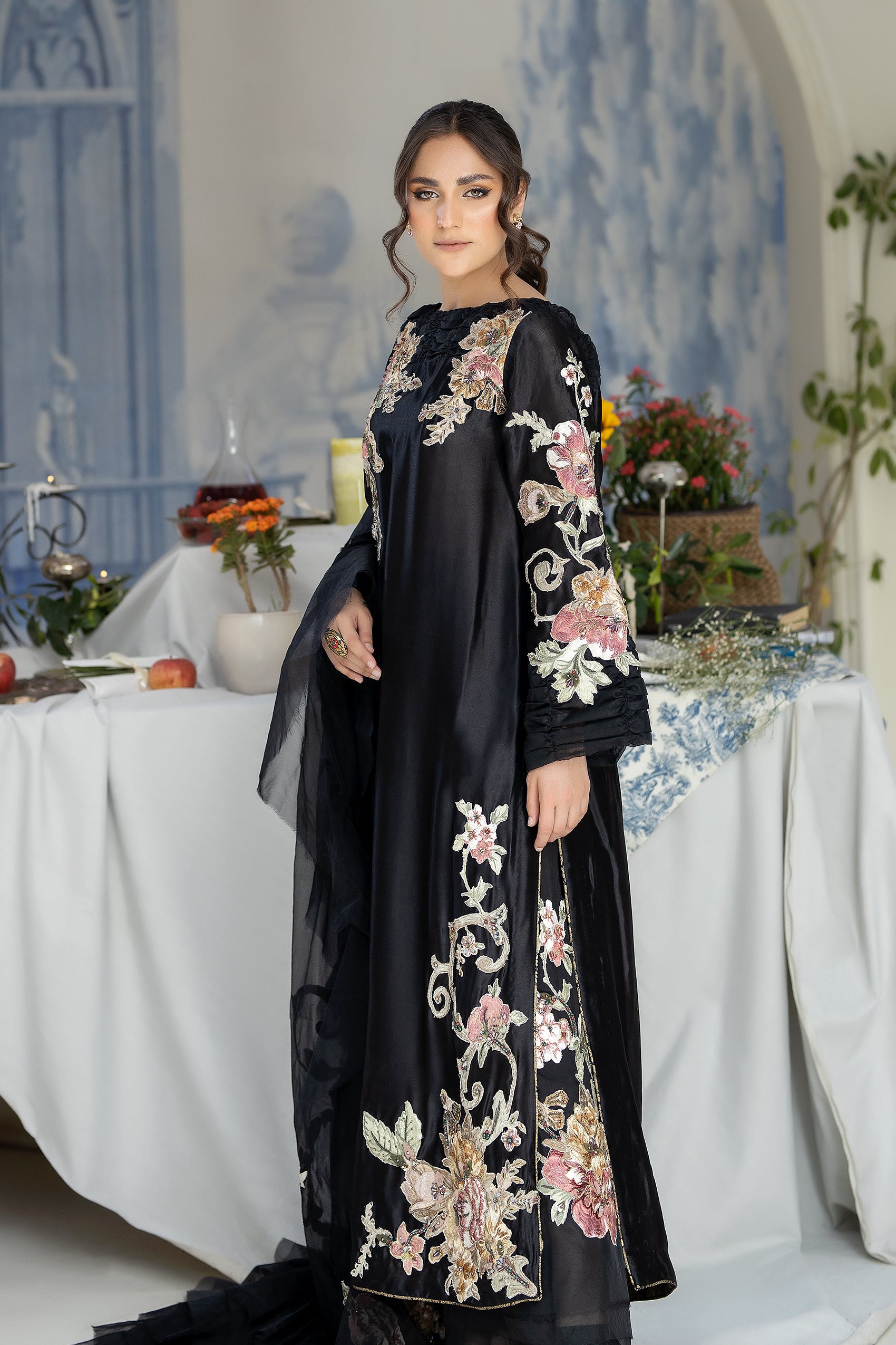 Black Hand-Embroidered Raw Silk Maxi Dress (2-Piece) - Image 4