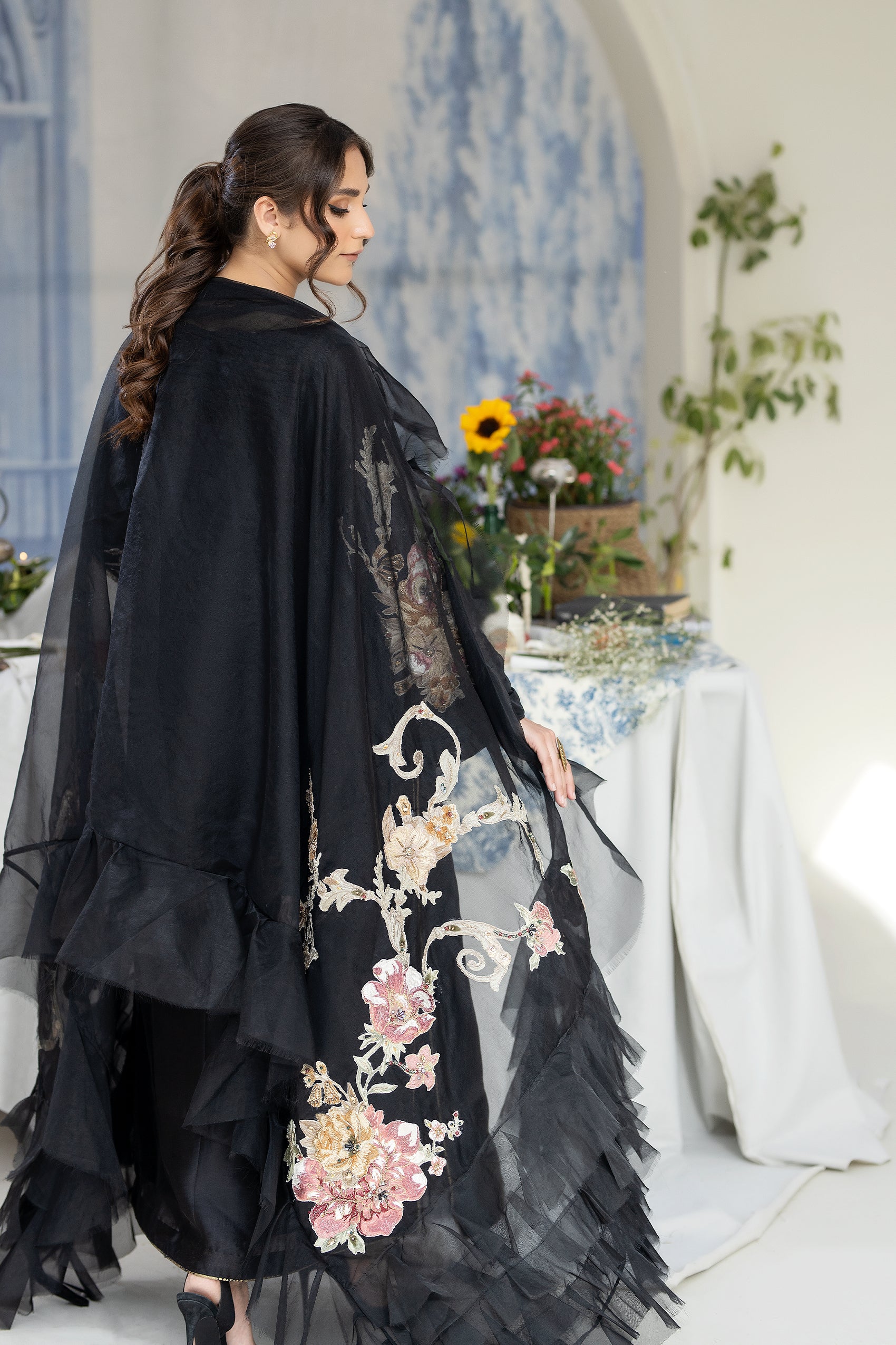 Black Hand-Embroidered Raw Silk Maxi Dress (2-Piece) - Image 5