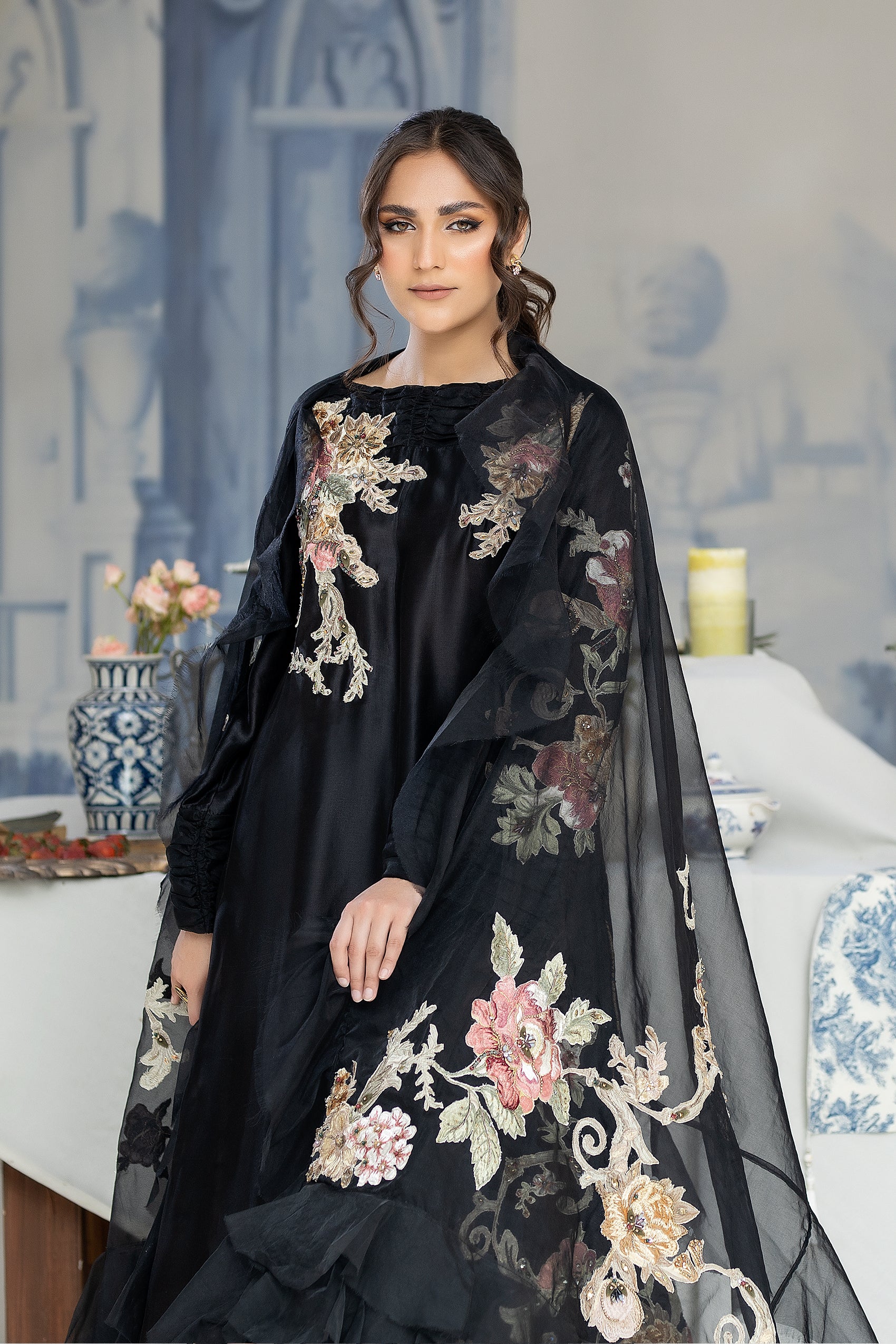 Black Hand-Embroidered Raw Silk Maxi Dress (2-Piece) - Image 6