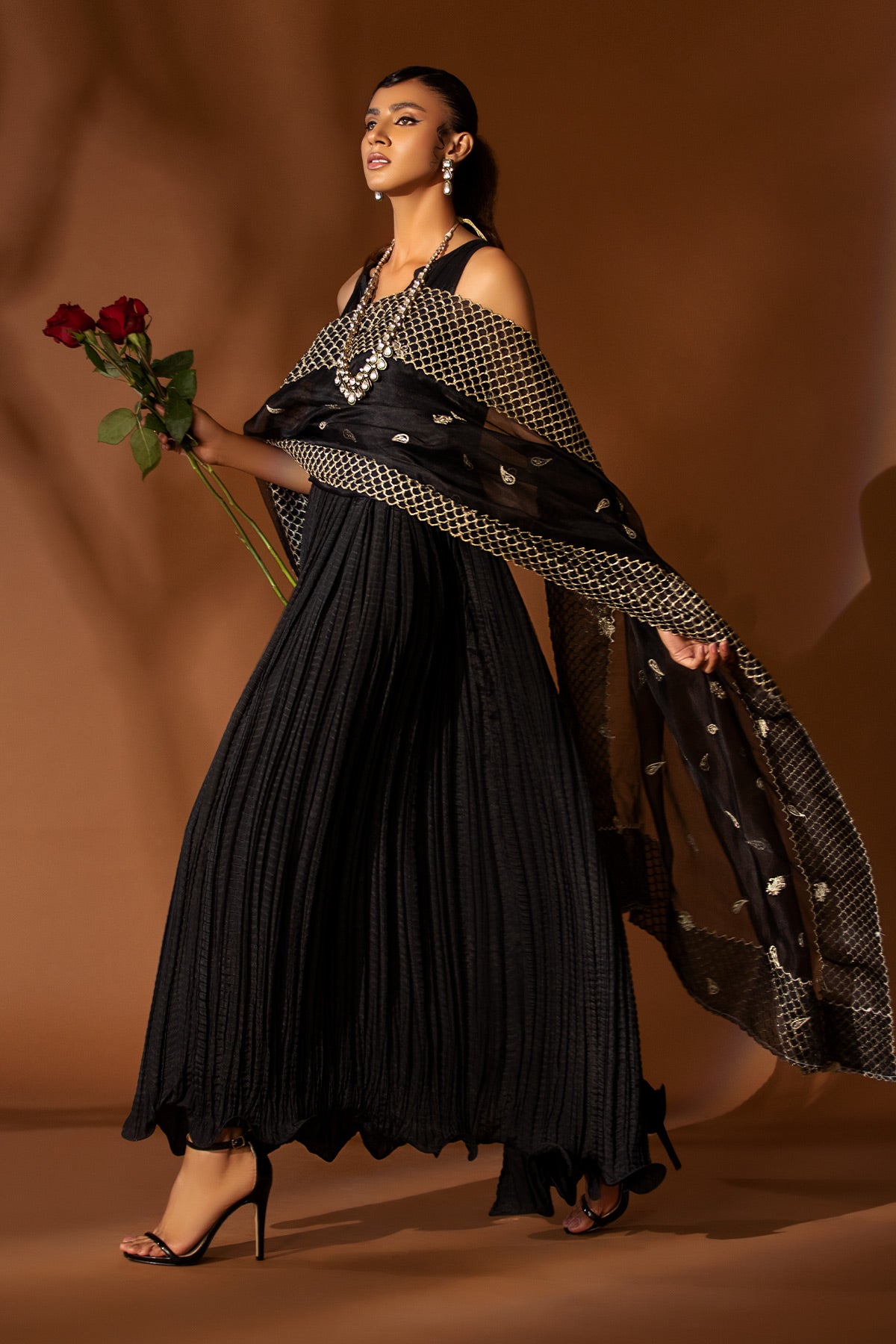 Black Pleated Silk Maxi Dress (1-Pc) - Image 2