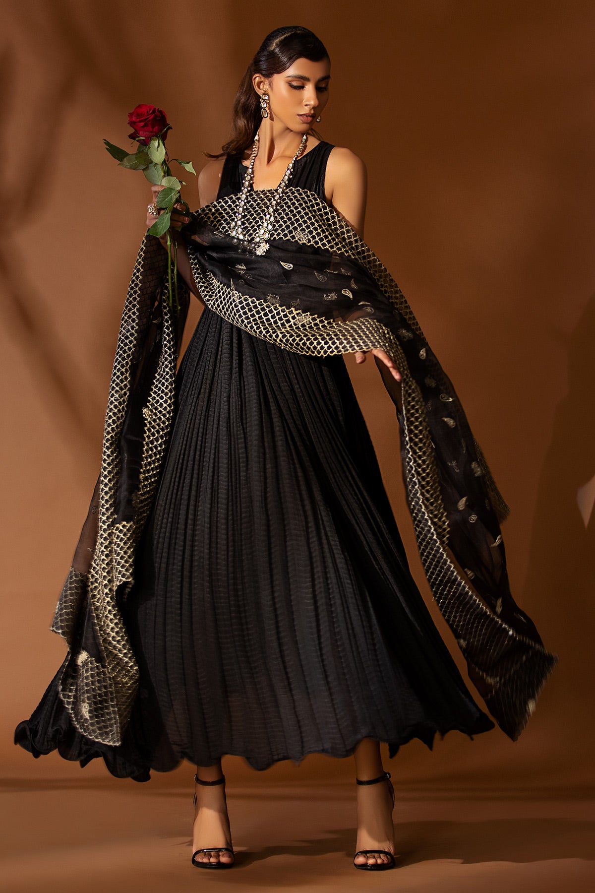 Black Pleated Silk Maxi Dress (1-Pc) - Image 3