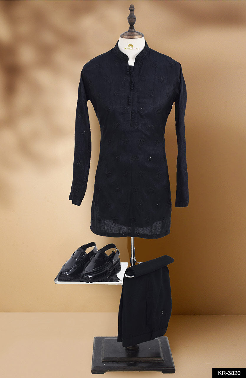 Black Embroidered Brocade Kurta Set (2-Piece) - Image 5
