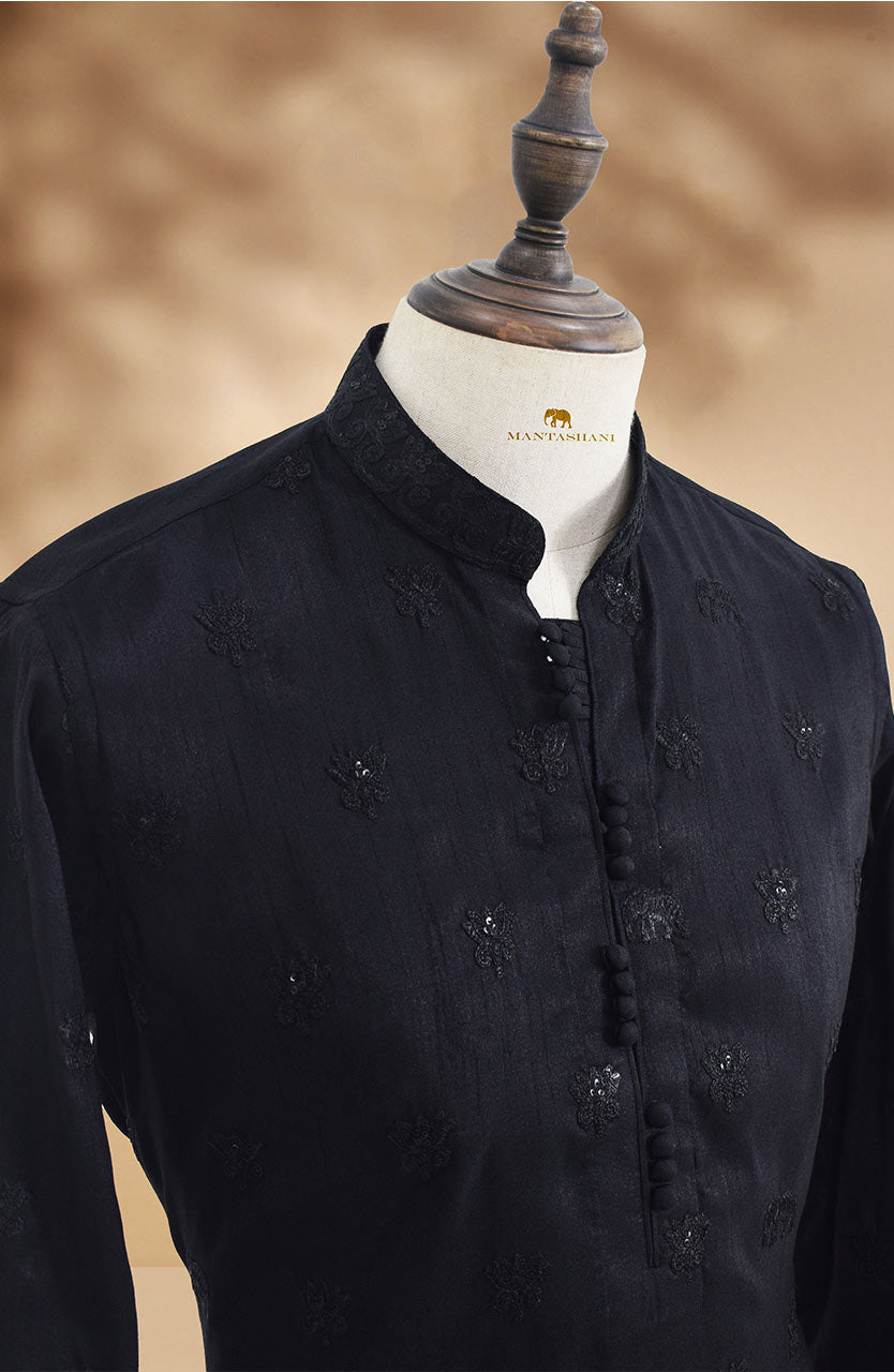 Black Embroidered Brocade Kurta Set (2-Piece) - Image 6