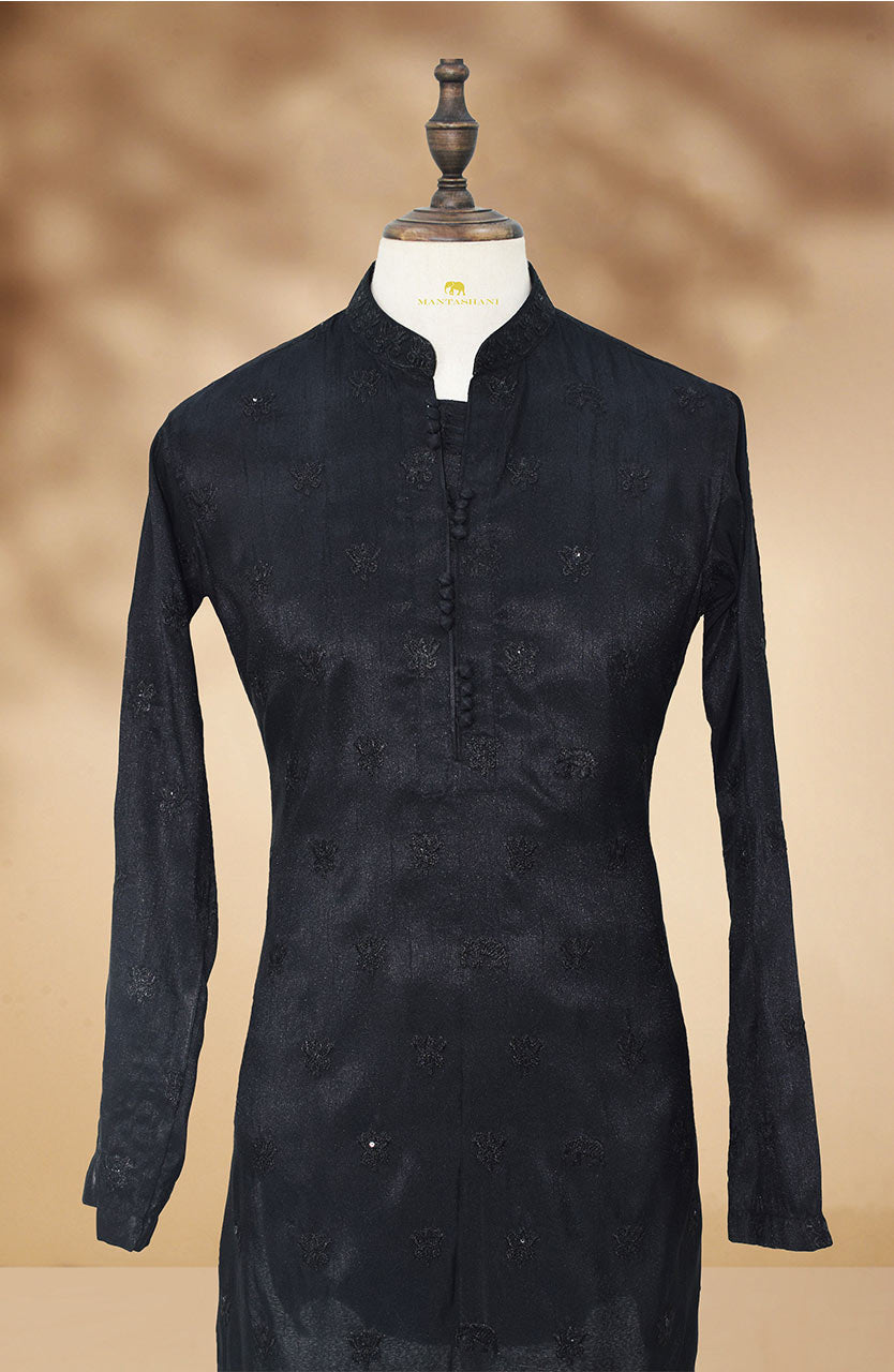 Black Embroidered Brocade Kurta Set (2-Piece) - Image 7