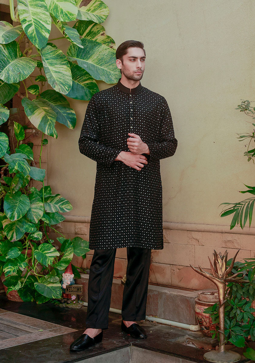 Black Metallic Motif Chiffon Kurta Pajama (2-Piece) - Image 1