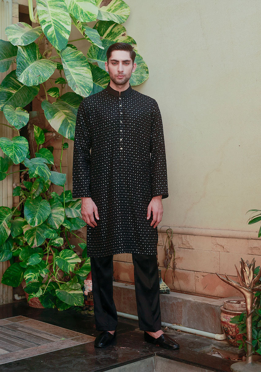 Black Metallic Motif Chiffon Kurta Pajama (2-Piece) - Image 4