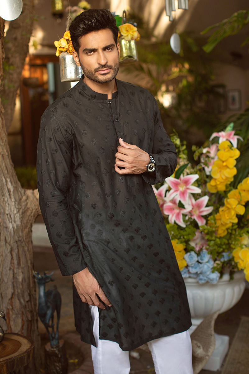 Black Chikan Embroidered Cotton Kurta (2-Piece) - Image 1