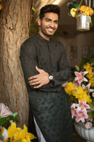 Black Chikan Embroidered Cotton Kurta (2-Piece) - Image 3