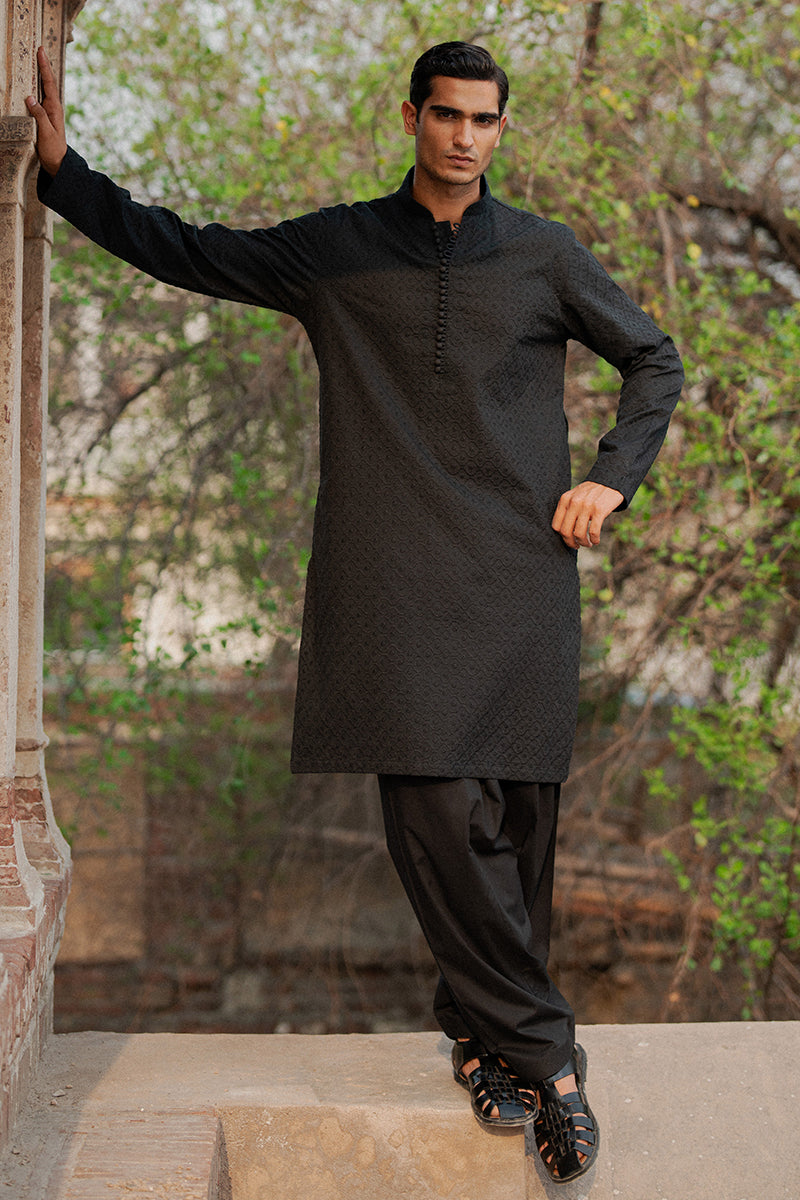 Black Chikankari Premium Cotton Kurta (2-Piece) - Image 1